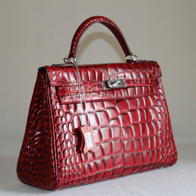 7A Replica Hermes Kelly 32cm Crocodile Veins Leather Bag Red HC0001 (3)